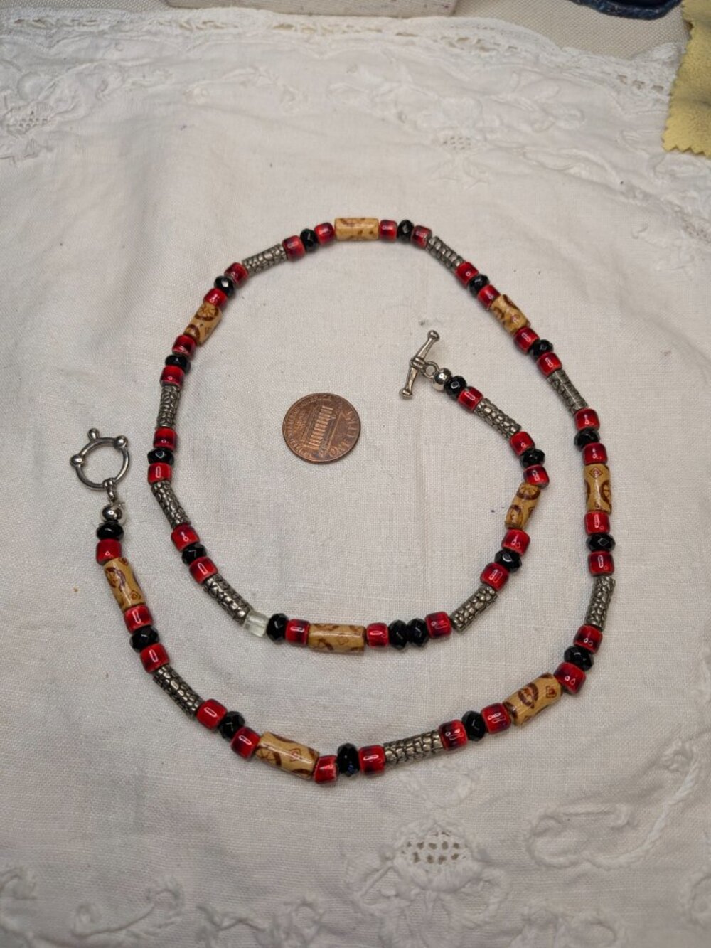 Vintage Red, Black & Silver Beaded Strand Necklace